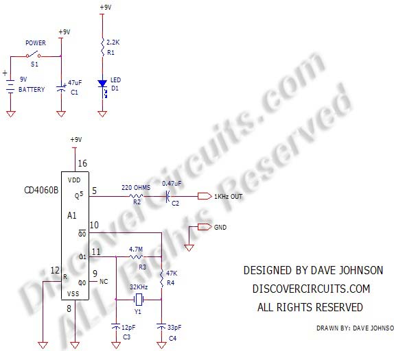 Crystal Controlled 1KHz Signal Generator designed by David Johnson, P.E.
